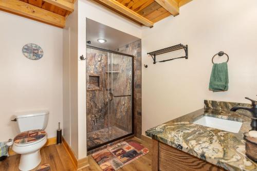 a bathroom with a shower and a toilet at Oakland Bear Lair in Oakland