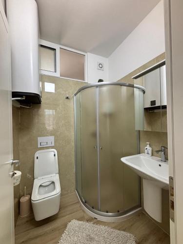 a bathroom with a shower and a toilet and a sink at Kilometer 0 Comfortable Apartment in Shkodër