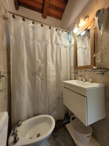 a bathroom with a sink and a shower curtain at El Zohar 2 pax in Federación