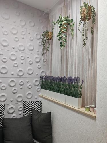 a wall with a shelf with purple flowers and plants at Isi beauty in Jagodina