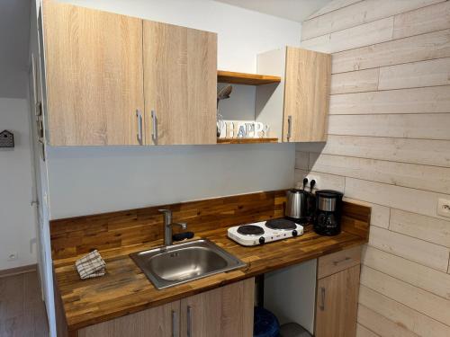 eine Küchenarbeitsplatte mit Spüle und Herd in der Unterkunft Gîte du Cerisier - Studio nature détente in Vallet