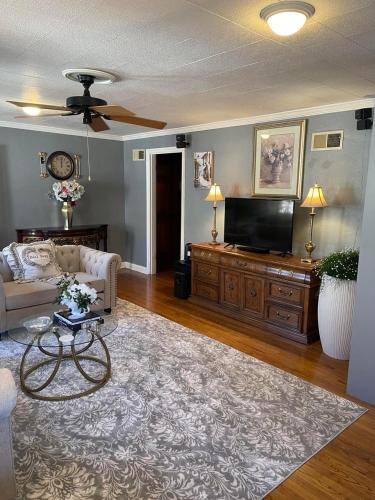 a living room with a couch and a flat screen tv at Splendid Room in House 10 mins to Airport in Saint Louis