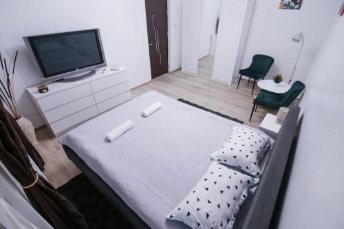 ein Wohnzimmer mit einem Bett und einem Fernseher in der Unterkunft Cozy central studio in Craiova