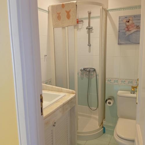 a bathroom with a shower and a sink and a toilet at Apartamento Silvestre Freitas in Funchal