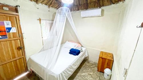 バカラルにあるCabañas Alma Verdeの蚊帳付きのベッド1台