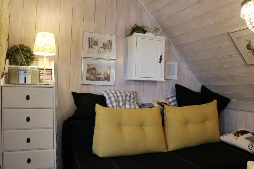 ein Wohnzimmer mit einem schwarzen Sofa und Kissen in der Unterkunft Ferienwohnung Seeblick Nr 4 2 Zimmer, Bärental, Feldberg - a73042 in Rotwasser