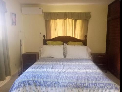 une chambre avec un lit avec un couvre-lit bleu et blanc dans l'établissement Apartamento en el residencial reparto los tres ojos, à Ensanche Savica de Mendoza