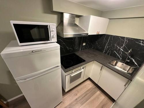 Una pequeña cocina con microondas y fregadero. en Cozy apartment in Oslo east -Furuset area, en Grorud