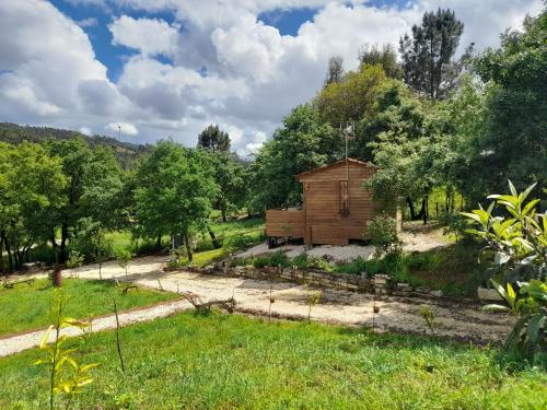 a wooden shed in a field with trees at Quinta Da Bolota Small Cabin in Alvaiázere