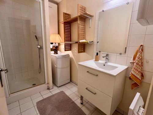 a bathroom with a sink and a toilet and a shower at Appartement minimaliste et cozy in Cajarc