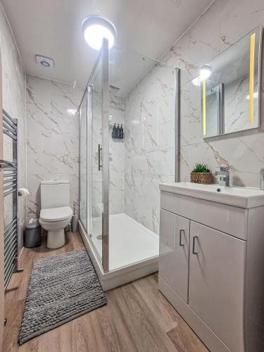 a bathroom with a shower and a toilet and a sink at Cosy Corner in Derby