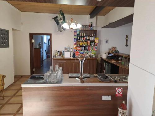 a kitchen with a counter top in a room at Penzion Kongu in Telnice