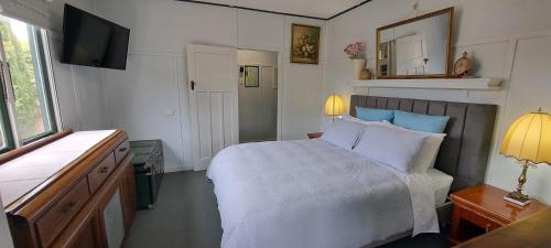 a bedroom with a white bed and a television at Heartland cottage in Ross