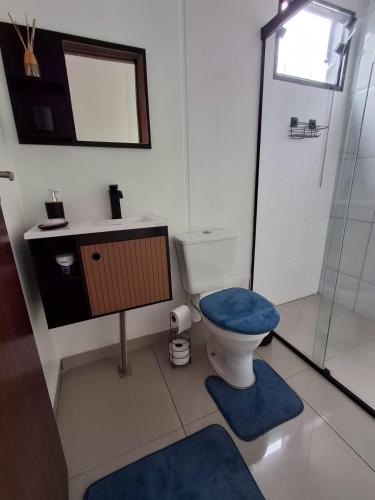 a bathroom with a toilet and a sink and a mirror at Casa Container Jacu in Lavrinhas
