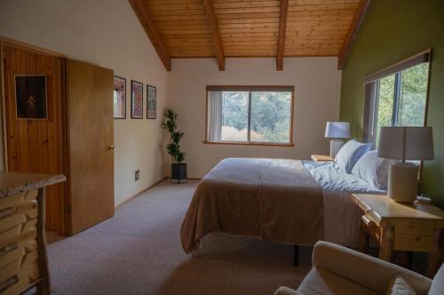 ein Schlafzimmer mit einem großen Bett und einem Fenster in der Unterkunft Sunshine Cabin Cozy 3BR Getaway and Deck in Pine Mountain Club