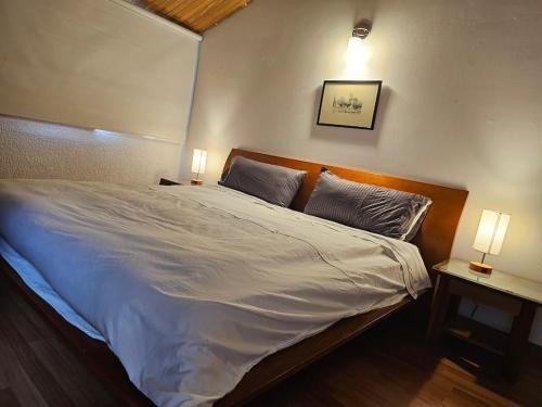 ein Schlafzimmer mit einem großen Bett mit zwei Lampen in der Unterkunft La Casa in Bogotá