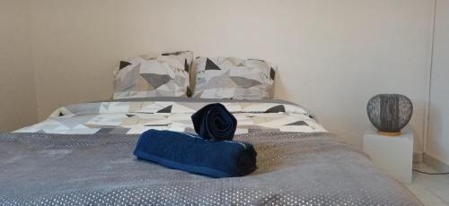 a bed with a blue towel on top of it at Éden Home Accès Rivière Privée in Goyave
