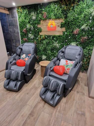 two empty chairs in front of a green wall at Ô Bonsaï Spa in Calais