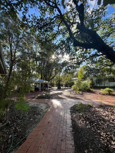 a brick path in a park with trees at Jarrah Forest Lodge in Dwellingup