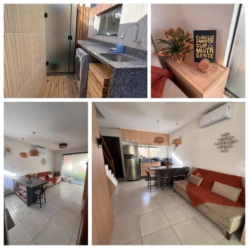a collage of three pictures of a kitchen and a living room at Sossego em Imbassaí in Mata de Sao Joao