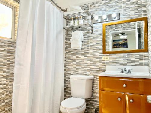 海地角Luxury GuestHouse Suites的浴室里有马桶、洗手池和镜子。