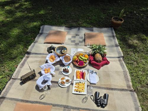 a picnic table with food on a blanket at Siddhartha Wildlife Retreat in Meghauli