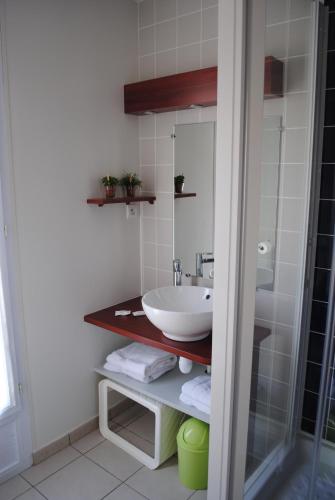 une salle de bain avec un lavabo et un miroir dans l'établissement VVF Golfe du Morbihan Sarzeau Arzon, à Sarzeau