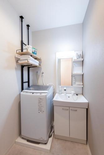 a small bathroom with a sink and a mirror at CASAS-k 住吉大社 102号室 in Osaka