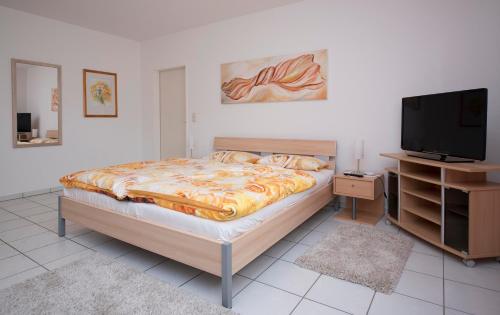 1 dormitorio con 1 cama y TV de pantalla plana en Haus Elfriede en Niedermennig