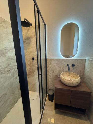 a bathroom with a sink and a glass shower at Maison Cesare in Ravenna