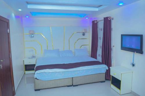 a bedroom with a large bed and a television at 111Suites&Lounge in Aba