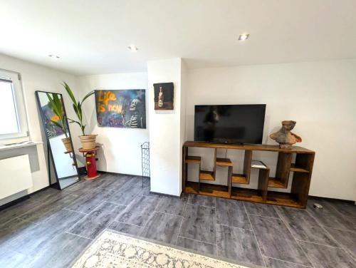 ein Wohnzimmer mit einem Flachbildfernseher an der Wand in der Unterkunft Modern habitable gallery, centrally located in Hirschaid in Hirschaid