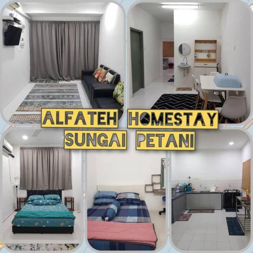 three pictures of a bedroom and a living room at Alfateh Homestay in Sungai Petani