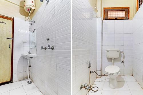 - deux images d'une salle de bains avec toilettes et douche dans l'établissement Hotel O Royal, à Gwalior
