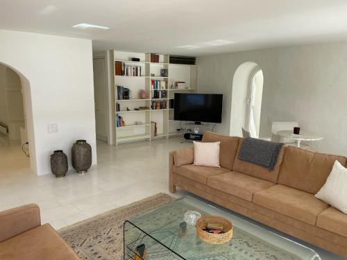 a living room with a couch and a tv at Il Nido by Fewotessin in Ronco s/Ascona - Porto Ronco