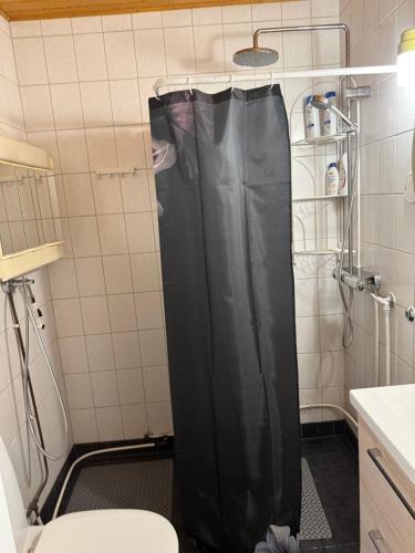 ハンコにあるJoyce holiday placeのバスルーム(黒いシャワーカーテン付きのシャワー付)