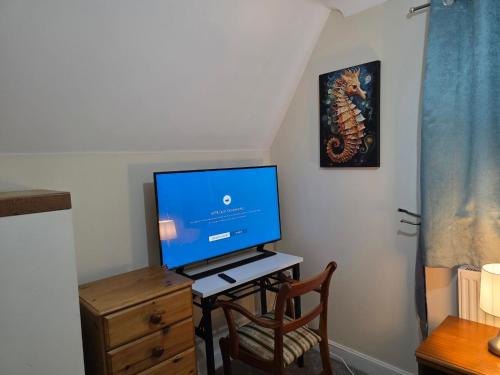 TV sentada en un escritorio con silla en Charming Colchester Room with Garden Views, en Hythe
