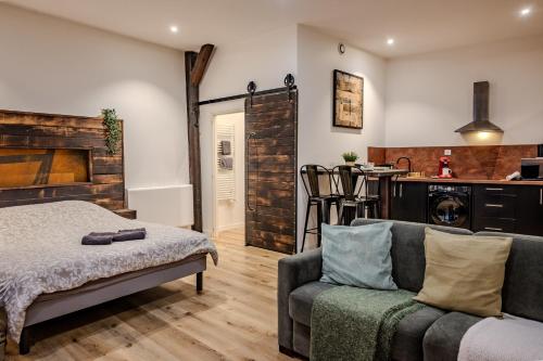 a living room with a couch and a kitchen at Le Ptit Chauffour - Hyper Centre Ville - Transports en Commun - Commerces à Proximité in Colmar