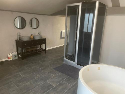 a bathroom with a shower and two sinks and a mirror at Appartement dans un cadre bucolique in Charly-sur-Marne