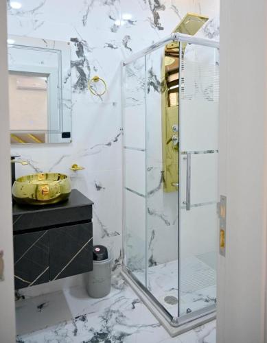 a bathroom with a glass shower and a sink at Sky Villa in Amman
