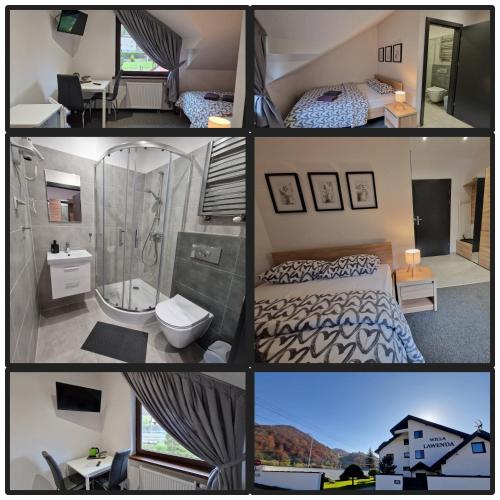 a collage of four pictures of a bedroom at Willa Lawenda- Pokój Superior 7 in Rytro