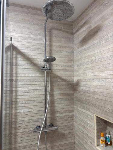 a shower in a bathroom with a wooden wall at Palm Beach Apartment in La Duquesa in Manilva