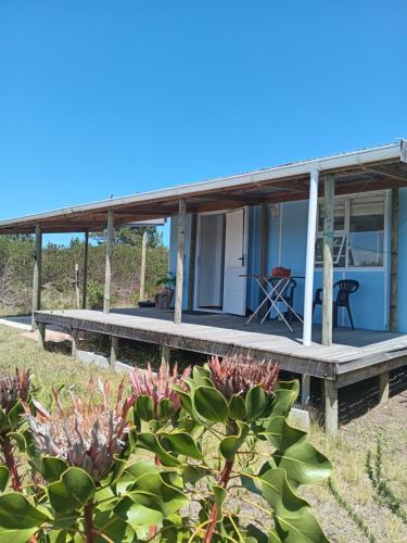 普利登堡湾Fynbos Tiny Home - Off Grid, Surrounded by Nature的海滩上带甲板的房子