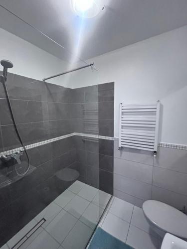 a bathroom with a shower and a toilet at Kozienice Dream Hostel 