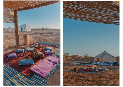 two pictures of a desert with a tent in the distance at Silent Camp in Mhamid