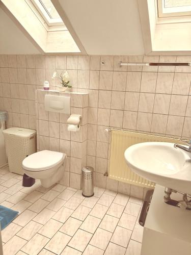 a bathroom with a toilet and a sink at Villa Goncalves, Komplette Wohnung mit Parkplatz und Wallbox vor der Tür in Calw