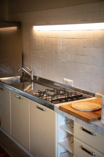 a kitchen counter with a sink and a stove at Cottage di design con giardino in Bosco Marengo