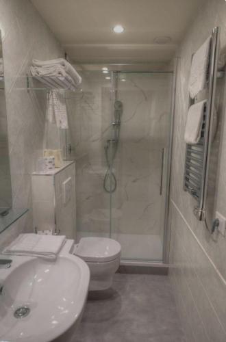 a bathroom with a shower and a toilet and a sink at Hotel Napoleon in San Mauro a Mare