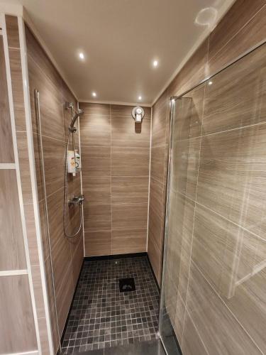 a shower stall with a glass door in a bathroom at Sentral leilighet in Vestvågøya