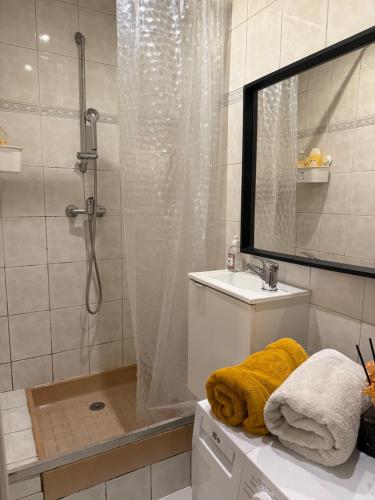 a bathroom with a shower and a toilet and a sink at Charmant studio next Arc de Triomphe in Paris